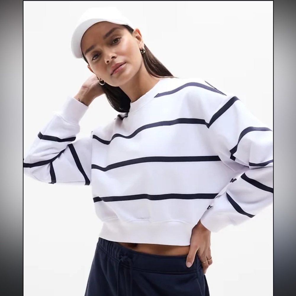 Athleta heavyweight terry crop crew sweatshirt in white with navy stripes s